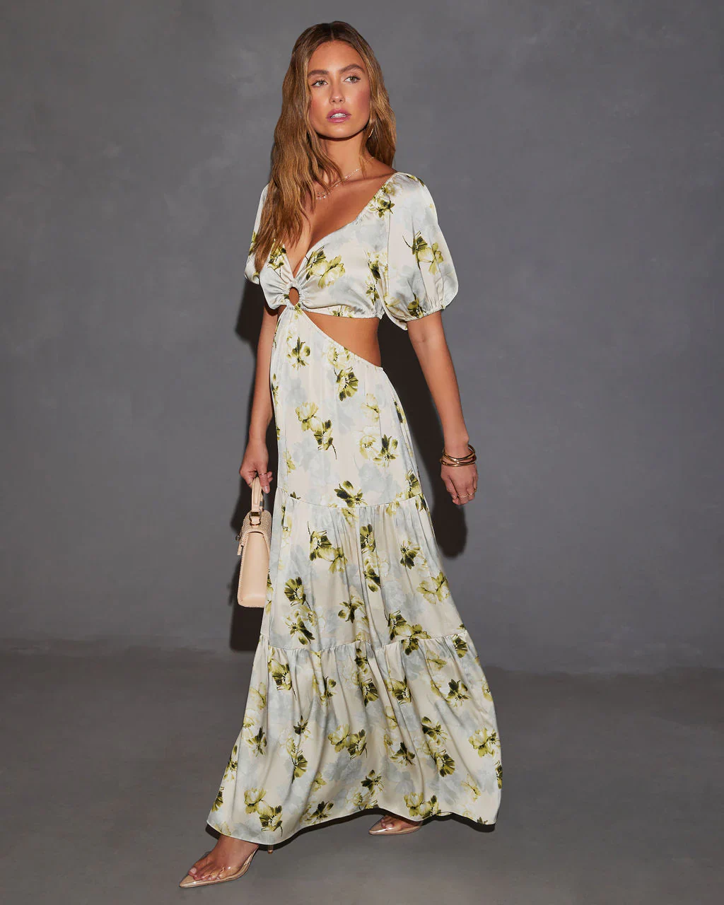 WFMD Cambria Satin Floral Puff Sleeve Maxi Dress