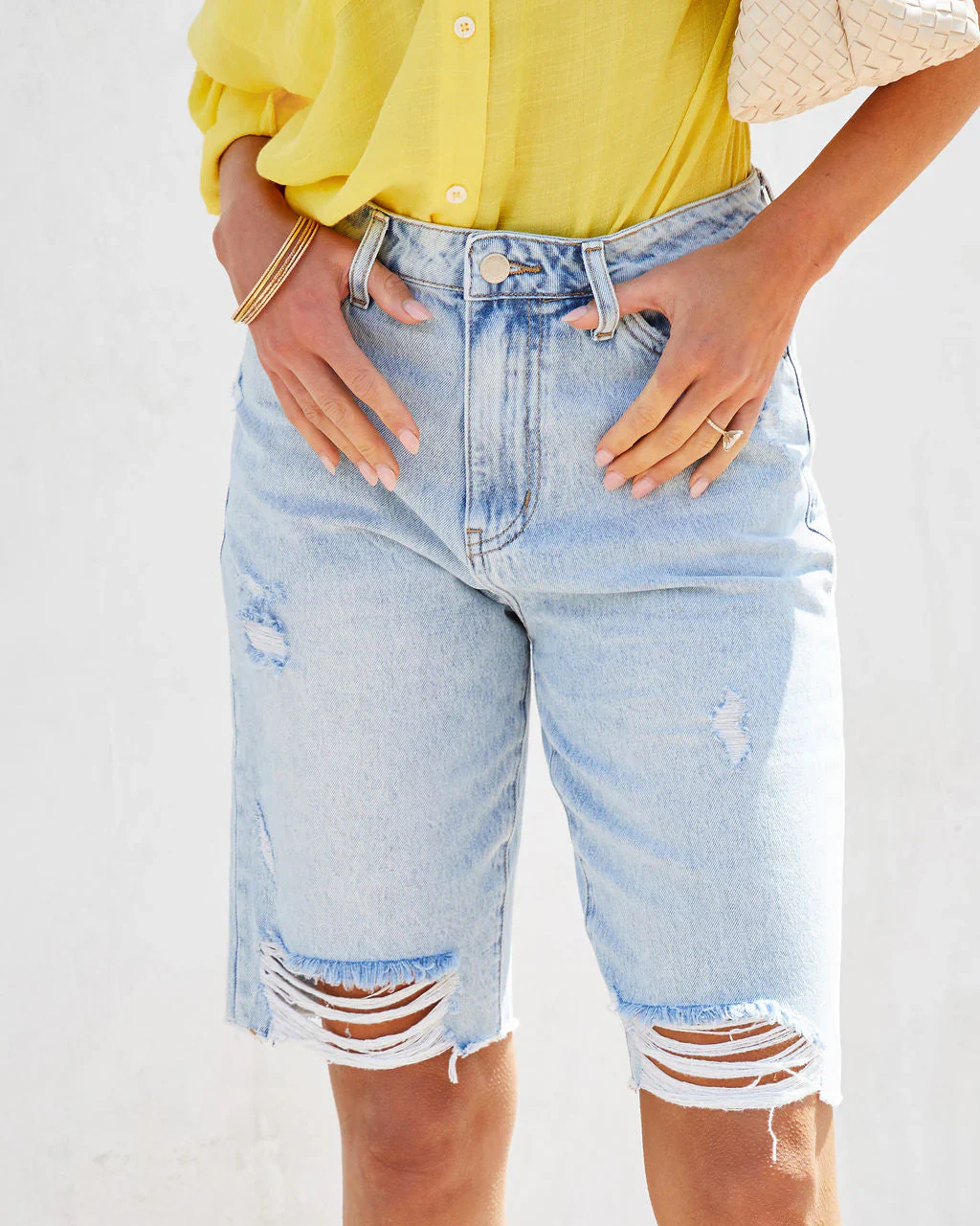 WFMD Haley High Rise Distressed Denim Bermuda Shorts