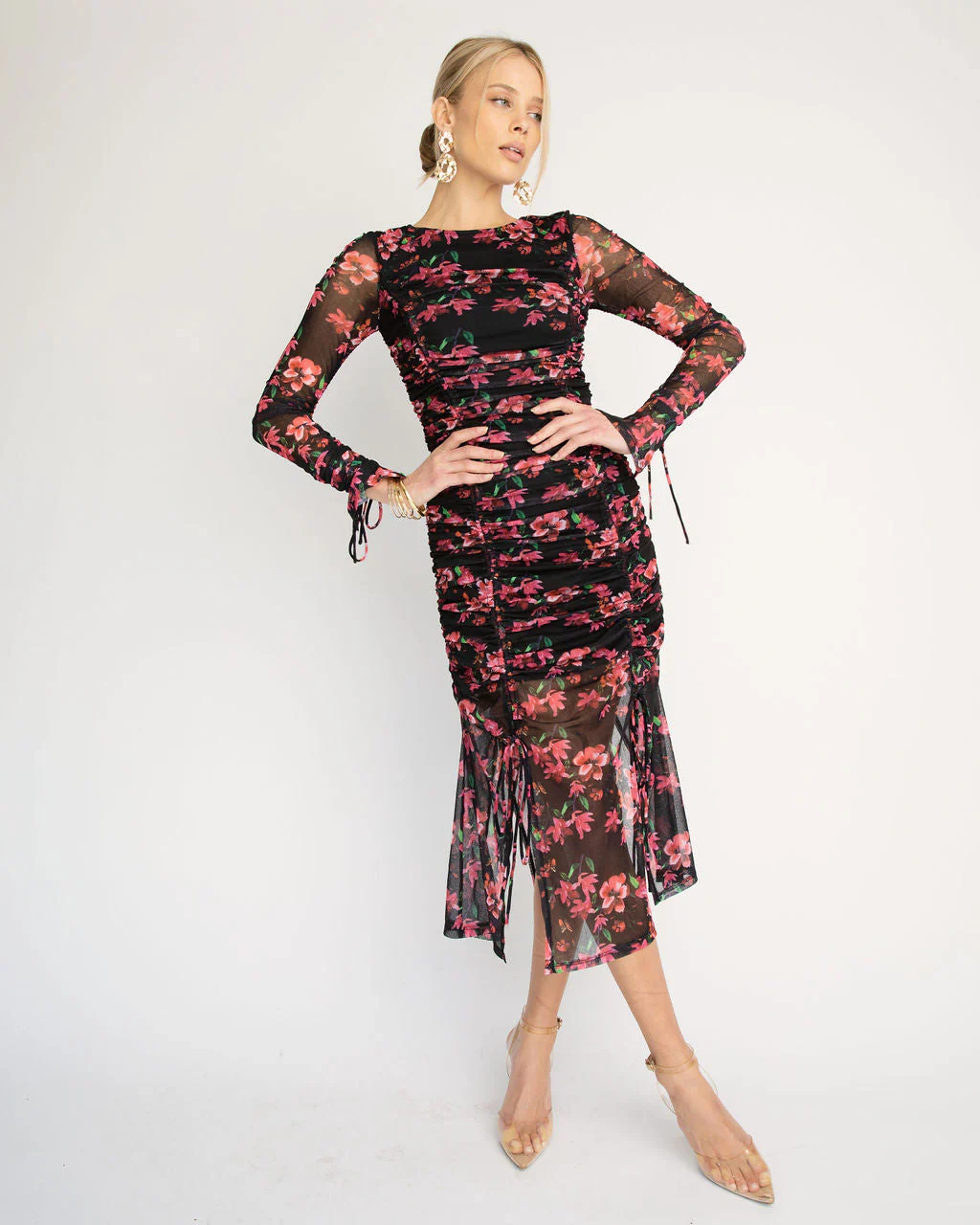 WFMD Soul Sister Ruched Floral Mesh Midi Dress