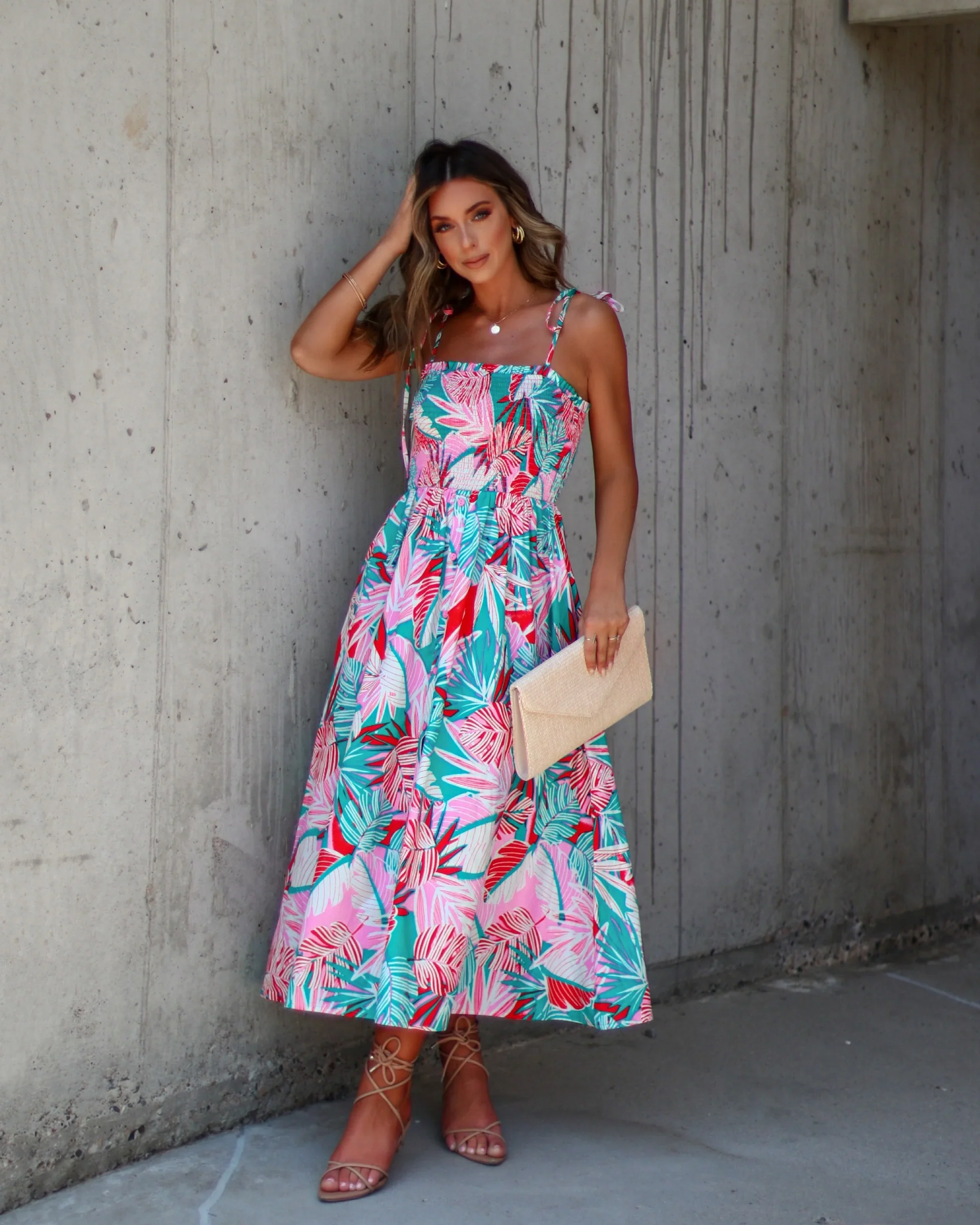 WFMD Mallorie Shoulder Tie Tropical Print Maxi Dress