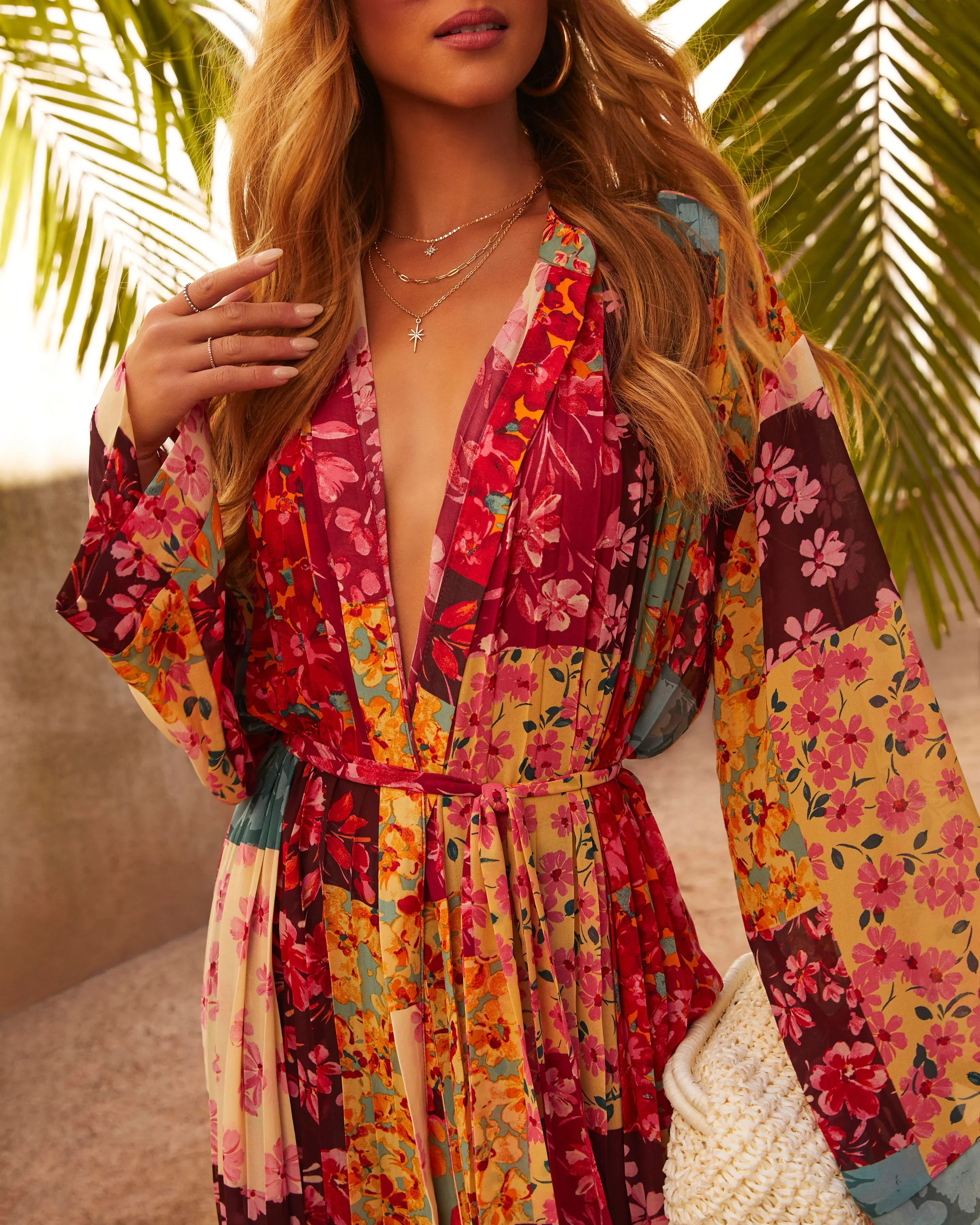 WFMD Dominica Pleated Floral Tie Waist Kimono