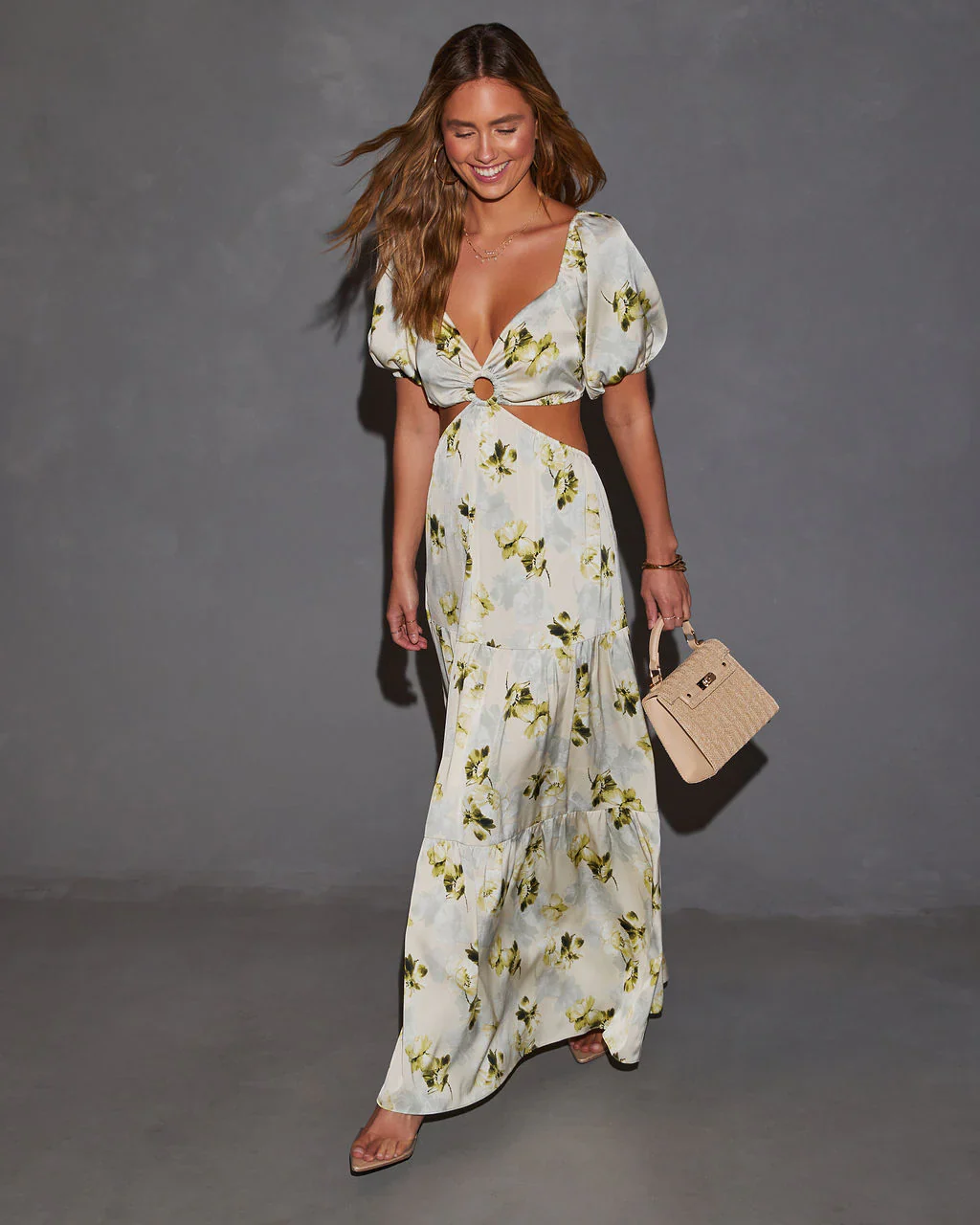 WFMD Cambria Satin Floral Puff Sleeve Maxi Dress