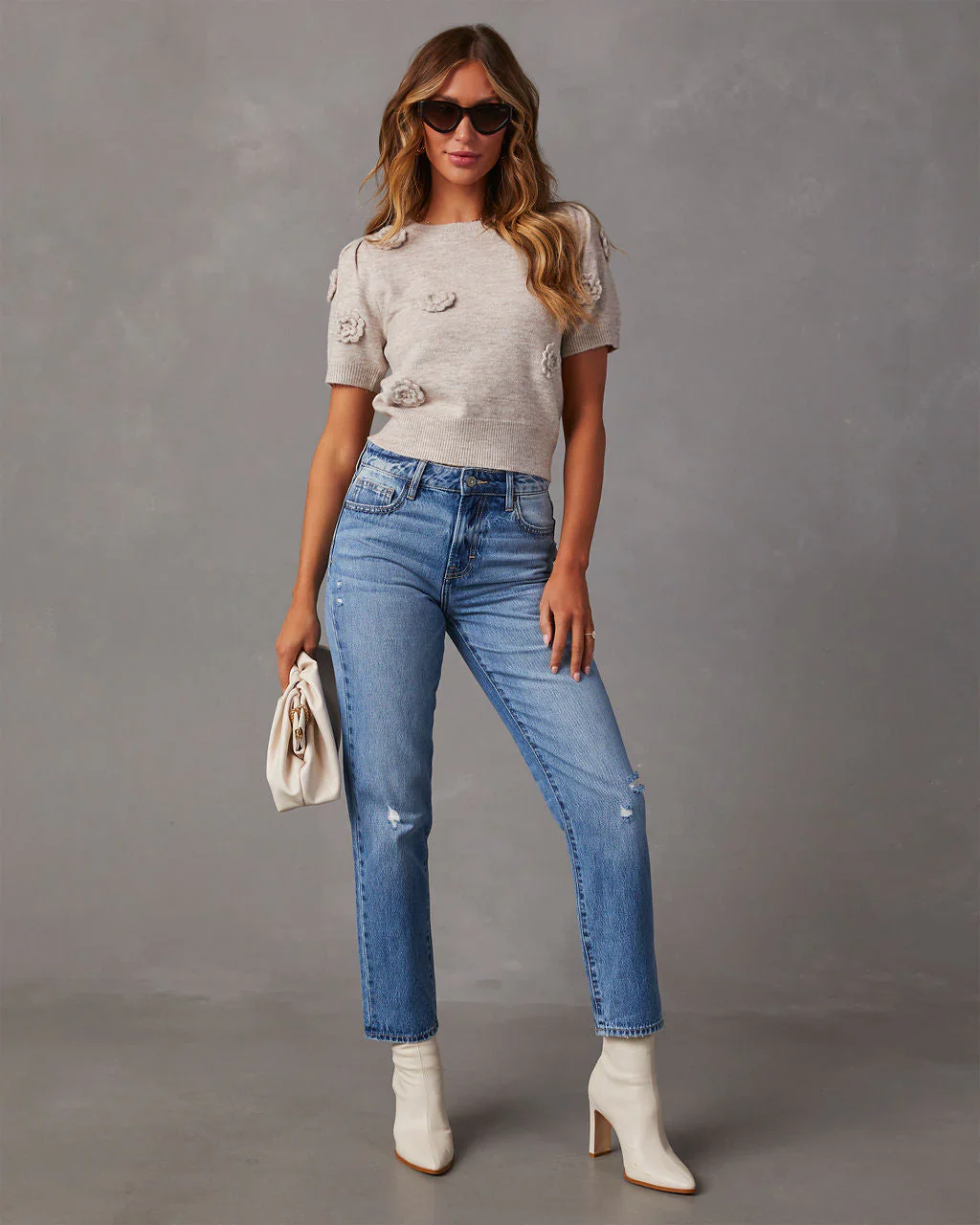 WFMD Fall Rosette Short Sleeve Sweater Top