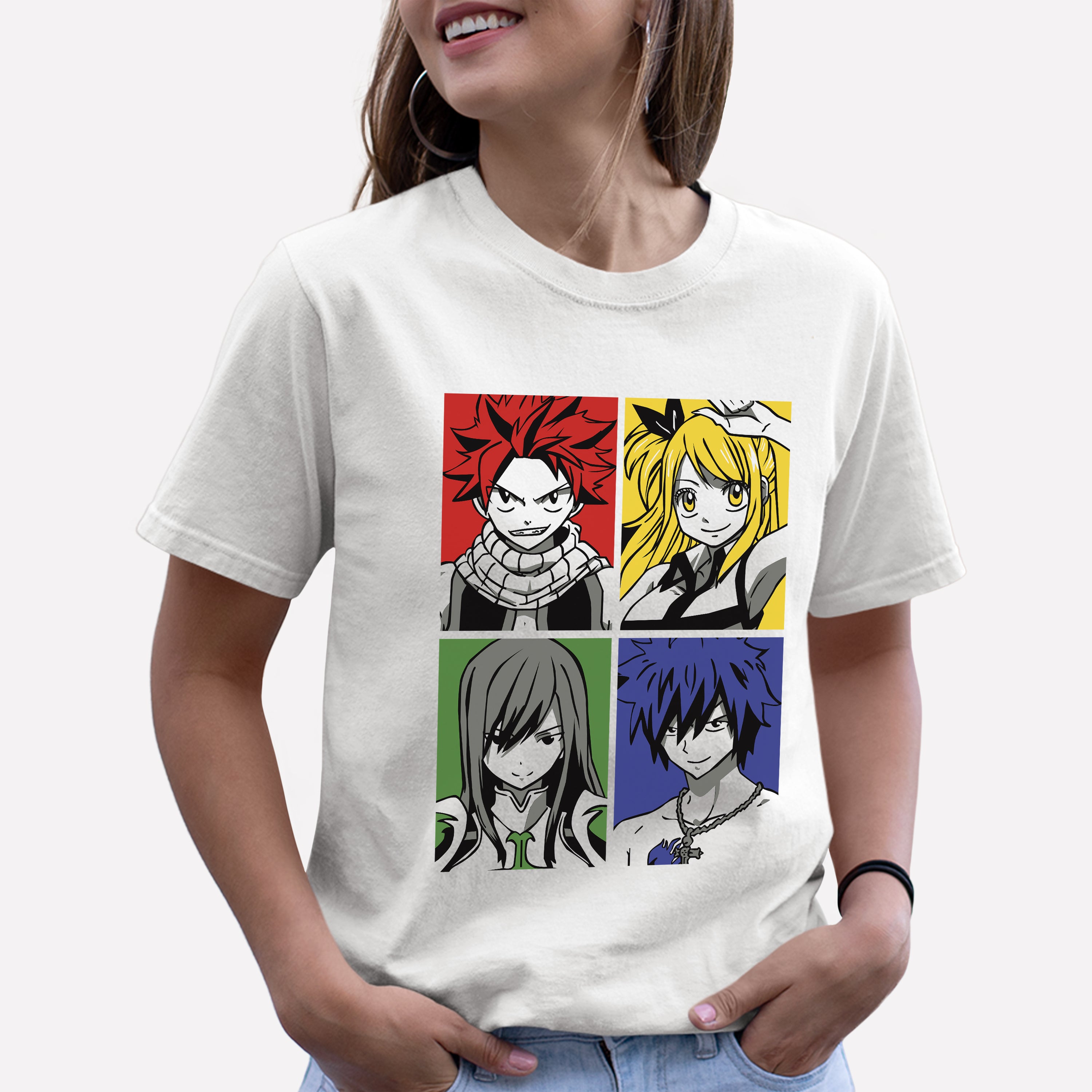 Camiseta Básica Erza Lucy Natsu e Gray Fairy Tail