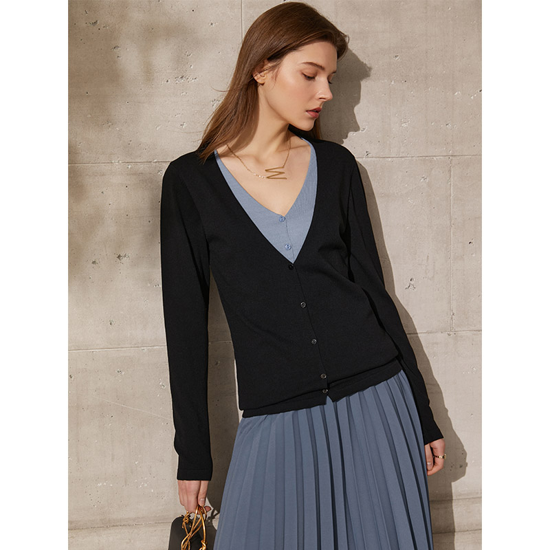 dan SPUAmii Minimalism Spring New Cardigan For Women Fashion Vneck Patchwork Single Breasted Women's Sweaters Tops 12140131