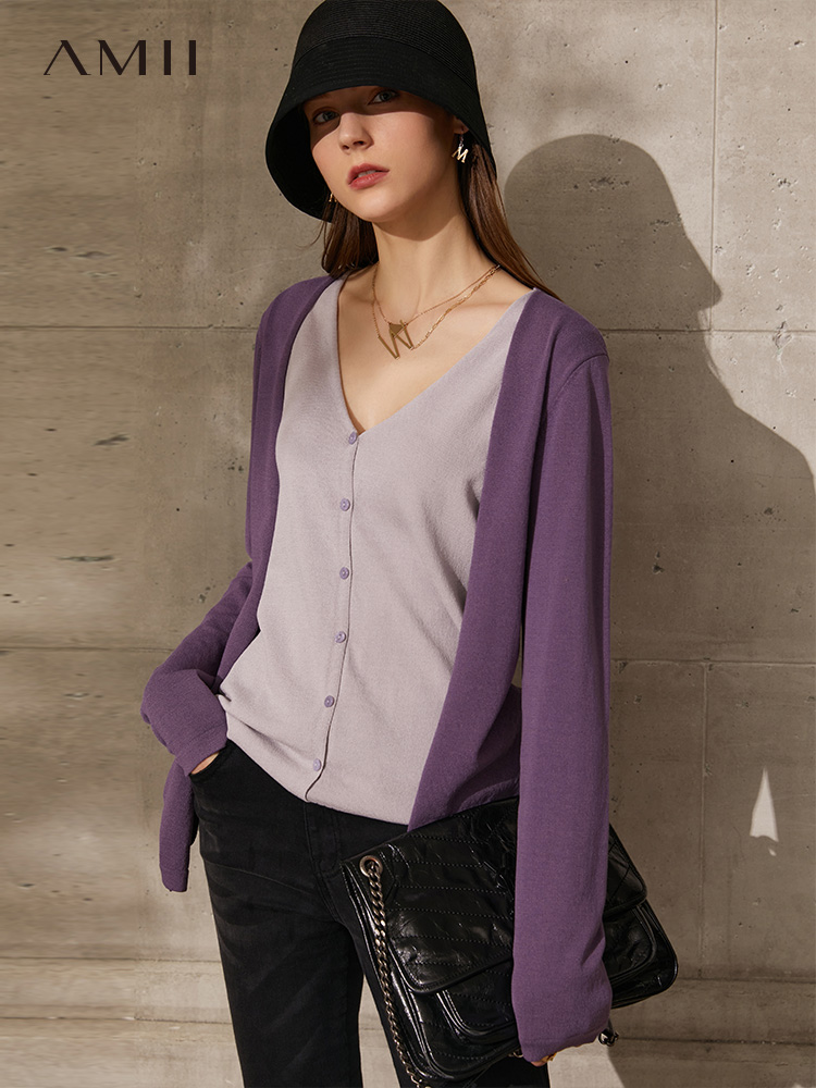 dan SPUAmii Minimalism Spring New Cardigan For Women Fashion Vneck Patchwork Single Breasted Women's Sweaters Tops 12140131